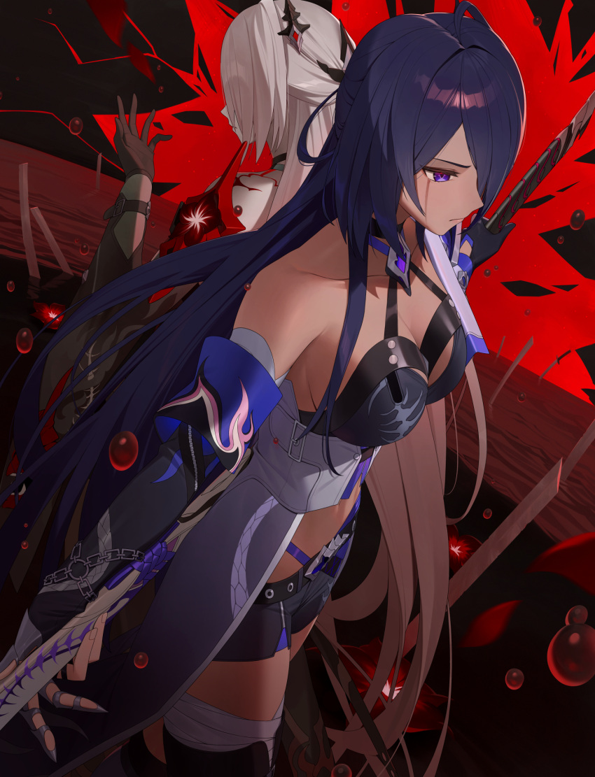 1girl acheron_(honkai:_star_rail) ahoge armor asymmetrical_legwear bandaged_arm bandaged_leg bandages belt black_belt black_choker black_coat black_gloves black_shorts blood blood_from_eyes body_markings boots breasts chain chain_around_arm choker cleavage closed_mouth coat coattails collarbone commentary cowboy_shot criss-cross_halter crop_top diamond-shaped_pupils diamond_(shape) dual_persona dutch_angle facing_ahead flower gloves glow_(user_hnpv7785) hair_ornament hair_over_one_eye halterneck hand_up highres holding holding_sword holding_weapon honkai:_star_rail honkai_(series) knee_boots large_breasts long_hair looking_ahead looking_at_hand midriff multicolored_hair navel official_alternate_color planted planted_sword purple_eyes purple_hair rain red_flower scabbard sheath sheathed short_shorts shorts shoulder_armor single_bare_shoulder single_knee_boot single_thigh_boot single_wide_sleeve streaked_hair sword sword_behind_back symbol-shaped_pupils thigh_boots thighs very_long_hair water_drop weapon white_coat white_hair