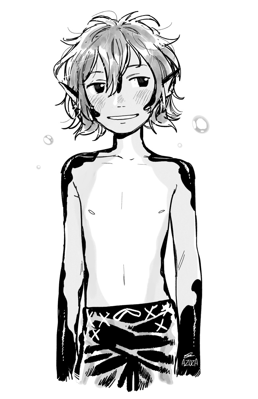 azuza black_and_white blush bottomwear bubble clothed clothing ear_frill frill_(anatomy) front_view glistening glistening_eyes hair hi_res humanoid looking_aside male messy_hair monochrome narrowed_eyes not_furry pants portrait signature simple_background smile solo standing three-quarter_portrait topless