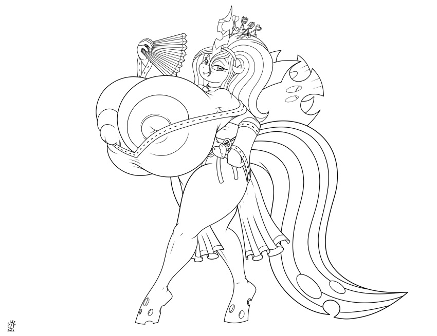 absurd_res anthro areola arthropod badgerben big_breasts breasts changeling clothing dress female folding_fan friendship_is_magic hasbro hi_res holding_fan hole_(anatomy) horn huge_breasts hyper hyper_breasts looking_at_viewer monochrome my_little_pony nipples queen_chrysalis_(mlp) smile solo thick_thighs wings