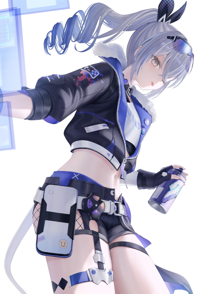 1girl :p belt black_bow black_gloves black_jacket black_shorts bow can commentary_request cowboy_shot crop_top drill_hair drill_ponytail eyewear_on_head fingerless_gloves fishnets from_side gloves grey_eyes grey_hair hair_bow high_ponytail highres holding holding_can holographic_interface honkai:_star_rail honkai_(series) jacket light_blush looking_at_viewer midriff multicolored_hair navel one_eye_closed open_clothes open_jacket phone short_shorts shorts silver_wolf_(honkai:_star_rail) simple_background solo spray_can sticker streaked_hair thigh_strap tongue tongue_out unusa white_background white_belt zipper zipper_pull_tab