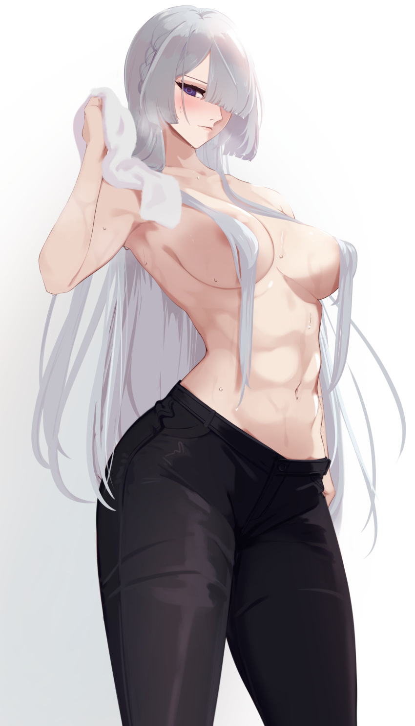 1girl abs absurdres ak-15_(girls'_frontline) black_pants blush braid breasts closed_mouth cowboy_shot french_braid girls'_frontline hair_censor hair_over_one_eye highres holding holding_towel long_hair looking_at_viewer navel ohc. pants purple_eyes simple_background solo stomach topless towel white_background white_hair