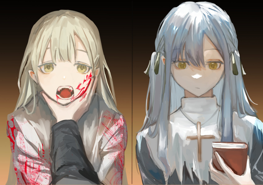 2girls absurdres bang_dream! bang_dream!_it's_mygo!!!!! black_robe blood blood_on_clothes blood_on_face blood_on_hands blue_hair book brown_background closed_mouth commentary cross cross_necklace fangs gradient_background green_hair hair_ornament hairclip highres holding holding_book jewelry ki3wii long_hair long_sleeves looking_at_viewer multiple_girls necklace nun open_mouth robe shirt symbol-only_commentary togawa_sakiko upper_body wakaba_mutsumi white_shirt yellow_eyes