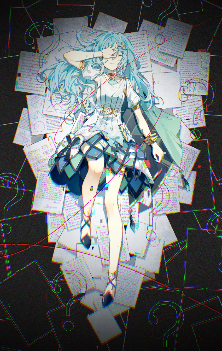 1girl ? absurdres ahoge arm_up armpit_cutout bare_legs bracelet choker chromatic_aberration closed_eyes closed_mouth clothing_cutout commentary_request dress faruzan_(genshin_impact) genshin_impact glitch green_hair hair_down hair_ornament hand_on_own_face highres jewelry long_hair lying on_back paper puffy_short_sleeves puffy_sleeves ring saya_atang shoes short_sleeves solo string white_choker white_dress x_hair_ornament