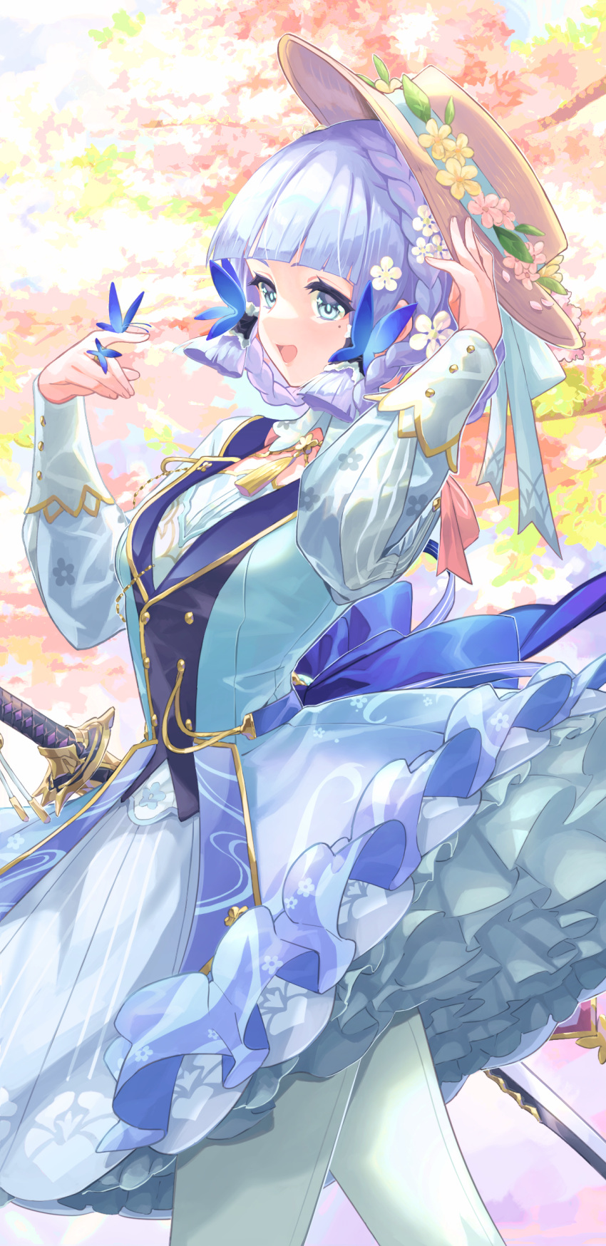 1girl absurdres bangs blue_dress blue_eyes blue_hair blunt_bangs braid bug butterfly butterfly_hair_ornament collar commentary_request dress flower flower_hat frilled_dress frills genshin_impact hair_flower hair_ornament hair_up hand_on_headwear hands_up hat high_collar highres kamisato_ayaka light_blue_hair looking_at_viewer mole mole_under_eye open_mouth pantyhose smile solo sword weapon white_collar white_pantyhose yoco_n