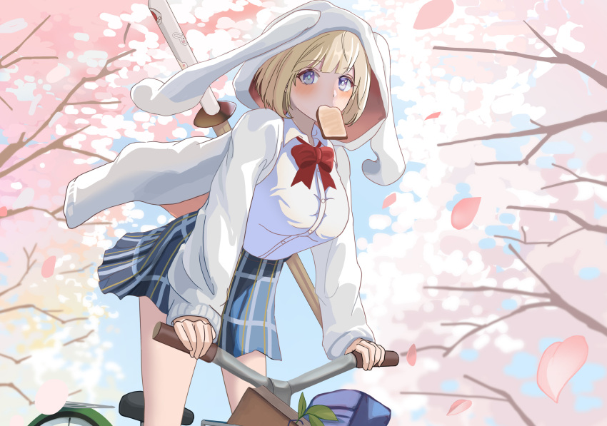 1girl absurdres animal_ear_hood bag bicycle blonde_hair blue_eyes blue_skirt blush book bread bread_slice breasts brown_dust_2 checkered_clothes checkered_skirt cherry_blossoms eyebrows_hidden_by_hair falling_petals feet_out_of_frame food food_in_mouth hair_between_eyes highres hood hoodie justia_(brown_dust) justia_(kendo_club)_(brown_dust) large_breasts looking_at_viewer mouth_hold neck_ribbon petals red_ribbon ribbon riding riding_bicycle school_bag school_uniform shirt short_hair skirt solo sword sword_on_back toast toast_in_mouth ugowl_j17 weapon weapon_on_back white_hoodie white_shirt wooden_sword