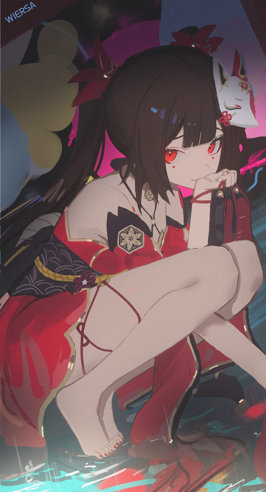 1girl absurdres bare_shoulders brown_hair dress fox_mask hair_ornament highres holding holding_shoes honkai:_star_rail honkai_(series) long_hair looking_at_viewer mask red_dress red_eyes shoes sparkle_(honkai:_star_rail) thighs twintails water wiersa