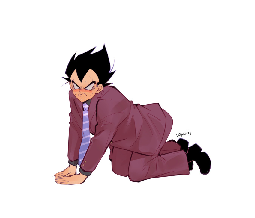 1boy addy_(@vegeebs) all_fours black_eyes black_footwear black_hair blush boots closed_mouth collared_shirt dragon_ball dragon_ball_z draw_your_babygirl_(meme) formal full_body highres long_sleeves looking_at_viewer male_focus meme necktie nervous purple_necktie shirt short_hair signature solo spiked_hair striped_necktie sweat twitter_username vegeta white_background