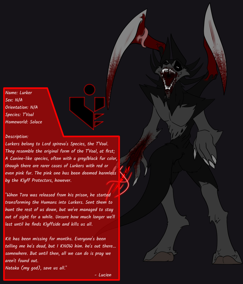 absurd_res alien alien_humanoid alteredkrimson ambiguous_gender blood blood_on_face blood_on_hand bodily_fluids body_horror canid canine claws crazed_expression description digitigrade_anthro ears_up extra_limbs fur handpaw hi_res humanoid looking_at_viewer mammal model_sheet mouthless mutation paws reaching_towards_viewer sharp_teeth solo symbol t'voal_(alteredkrimson) tail teeth