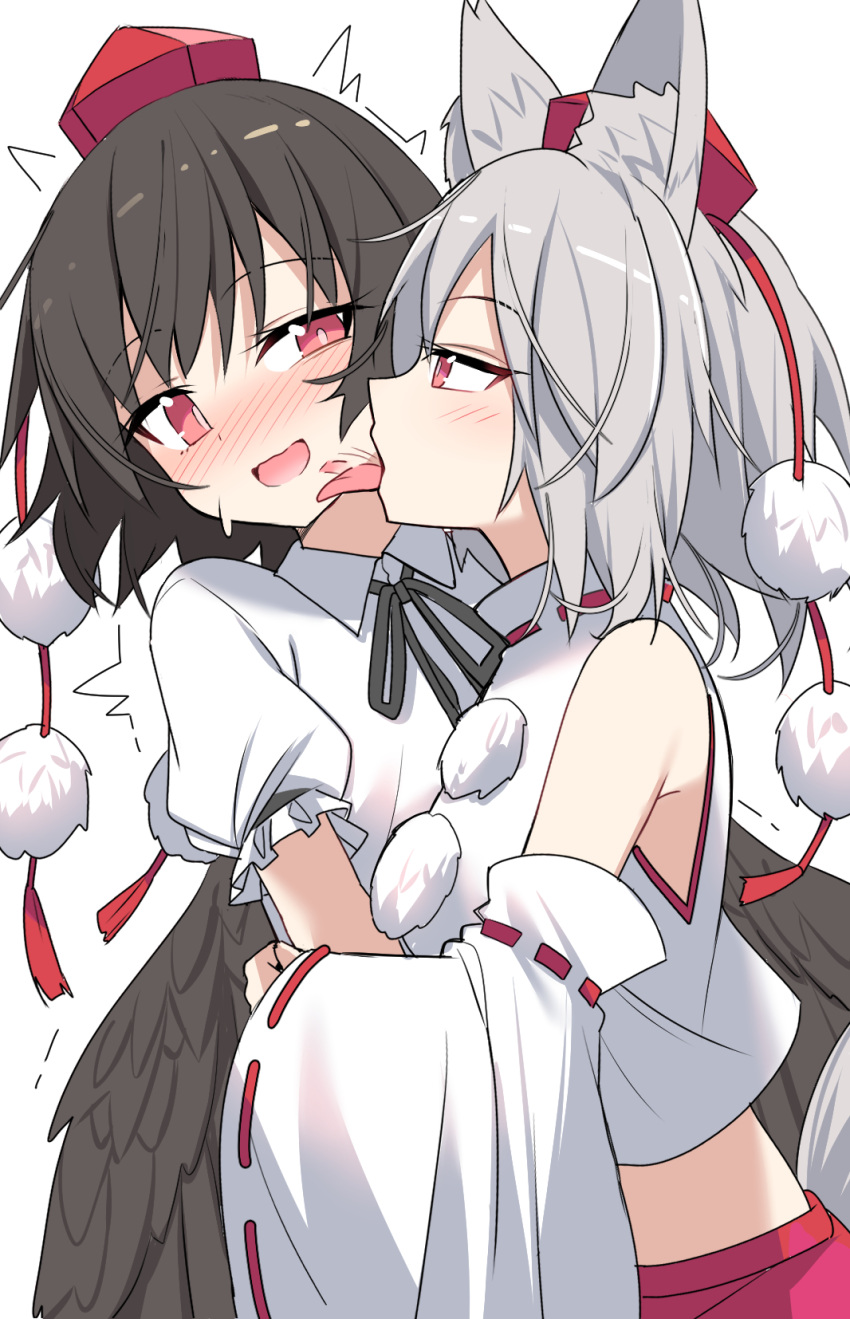 2girls :d animal_ears bare_shoulders bird_wings black_hair black_ribbon blush breasts collared_shirt crop_top detached_sleeves e.o. feathered_wings hat highres hug inubashiri_momiji licking licking_another's_face looking_at_another medium_breasts medium_hair midriff motion_lines multiple_girls neck_ribbon pom_pom_(clothes) red_eyes red_headwear red_skirt ribbon shameimaru_aya shirt short_sleeves simple_background skirt sleeveless sleeveless_shirt smile sweatdrop tail tokin_hat tongue tongue_out touhou trembling turtleneck upper_body white_background white_hair white_shirt wings wolf_ears wolf_girl wolf_tail yuri