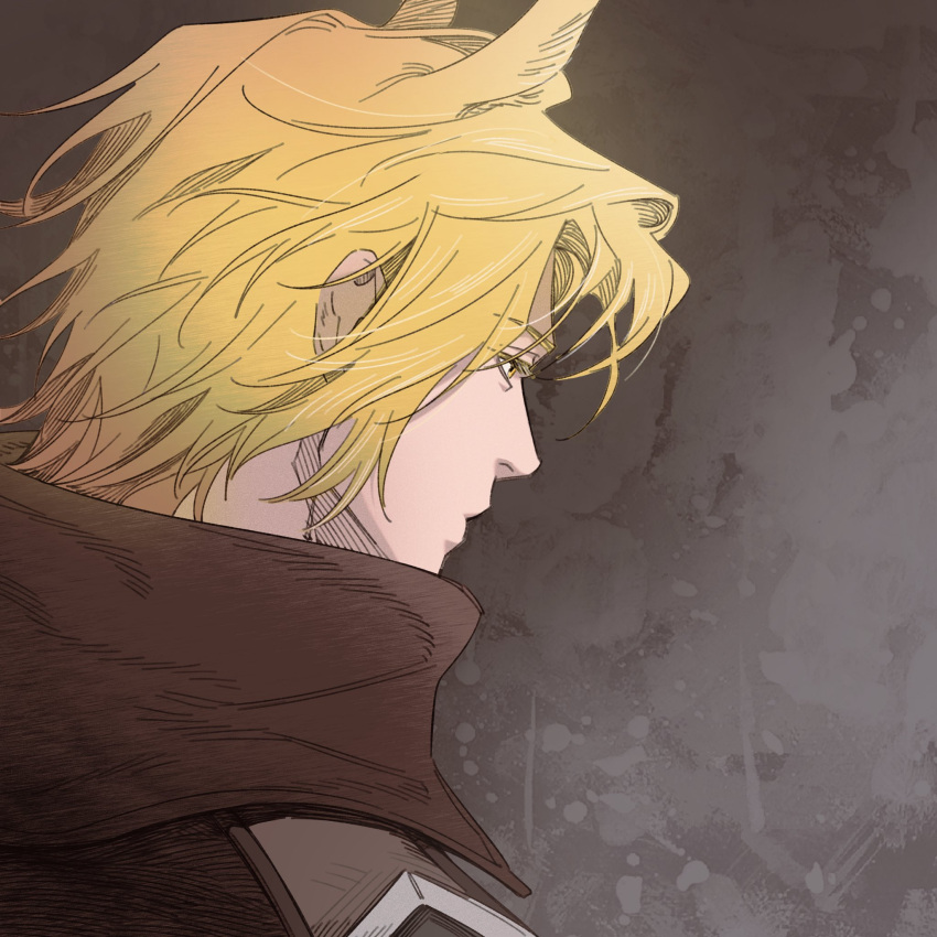 1boy animal_ears arknights blonde_hair brown_background closed_mouth commentary_request grey_background high_collar highres horse_boy horse_ears korean_commentary looking_to_the_side male_focus mlynar_(arknights) nills portrait short_hair yellow_eyes