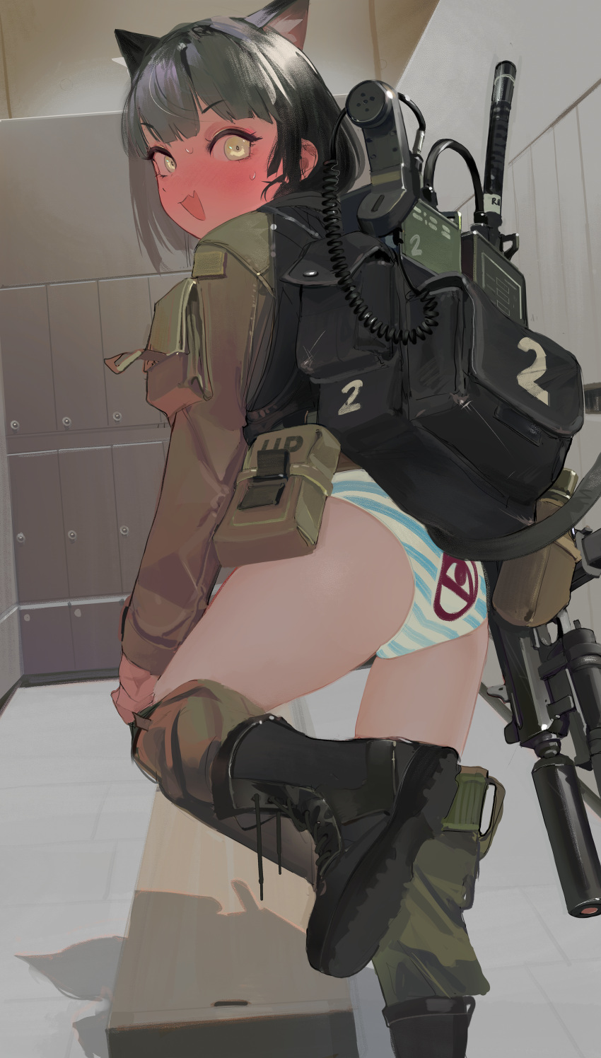 1girl absurdres animal_ears ass backpack bag black_footwear black_hair blush boots brown_jacket cat_ears cat_girl english_commentary green_pants gun highres holding holding_gun holding_weapon indoors jacket locker locker_room looking_at_viewer looking_back military military_uniform original panties pants polilla short_hair solo striped_clothes striped_panties sweat underwear undressing uniform weapon yellow_eyes
