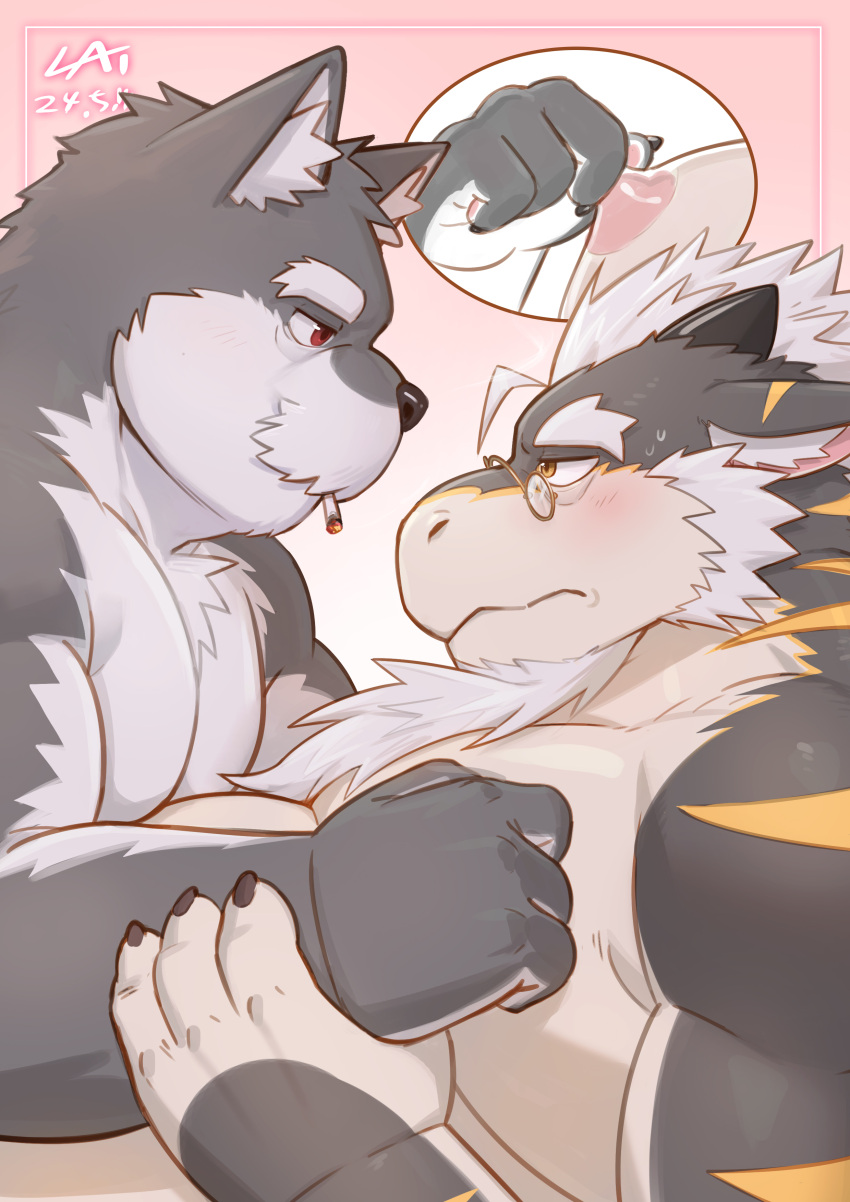2boys absurdres animal_ear_fluff bara beard big_belly blush chest_tuft cigarette couple dog_boy dragon_boy ears_down eye_contact facial_hair fat fat_man foreplay forked_eyebrows from_side full_beard glasses grey_fur half-closed_eyes hand_on_another's_arm highres large_pectorals light_frown long_beard long_mustache looking_at_another male_focus mature_male multiple_boys muscular muscular_male mustache nipple_pull nipple_stimulation nude old old_man original pectorals profile round_eyewear short_hair shoyuna_(cai1448331577) smoking thick_beard thick_eyebrows upper_body yaoi