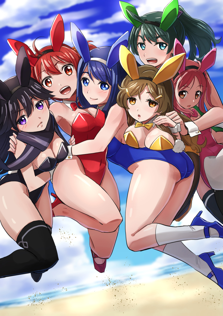 absurdres animal_ears anniversary aqua_eyes bare_legs black_hair black_leotard black_thighhighs blue_eyes blue_hair blue_leotard blue_sky bow bowtie brown_eyes brown_hair cloud detached_collar fake_animal_ears futaba_aoi_(vividred_operation) green_hair hair_ornament hair_scrunchie hasegawa_(hase_popopo) highres hug isshiki_akane isshiki_momo kuroki_rei leotard orange_eyes orange_scrunchie pantyhose pink_hair pink_leotard playboy_bunny purple_eyes purple_scarf rabbit_ears rabbit_tail red_bow red_bowtie red_hair red_leotard saegusa_wakaba scarf scrunchie shinomiya_himawari short_hair sky socks strapless strapless_leotard tail thighhighs twintails vividred_operation white_pantyhose white_socks wrist_cuffs yellow_bow yellow_bowtie yellow_leotard