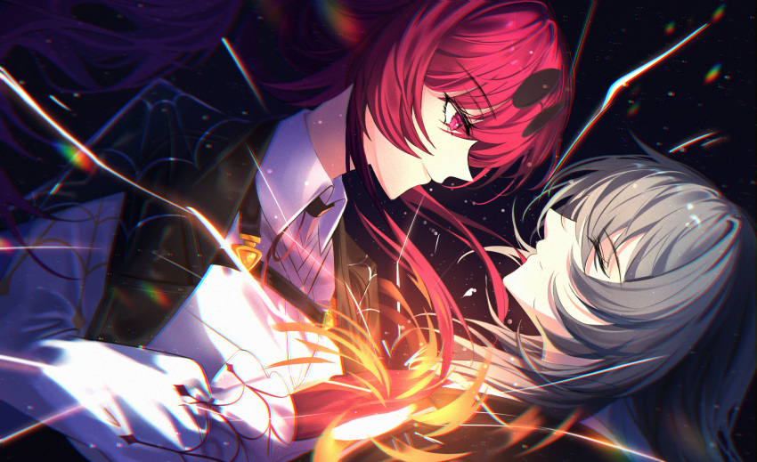 2girls black_jacket chromatic_aberration collared_shirt commentary english_commentary eyewear_on_head facing_up gloves glowing grey_hair hand_on_another's_chest highres honkai:_star_rail honkai_(series) jacket kafka_(honkai:_star_rail) long_hair looking_at_another multiple_girls open_clothes open_jacket ponytail profile purple_eyes purple_gloves purple_hair round_eyewear shirt sidelocks smile spider_web_print stelle_(honkai:_star_rail) sunglasses theazureciel trailblazer_(honkai:_star_rail) white_shirt