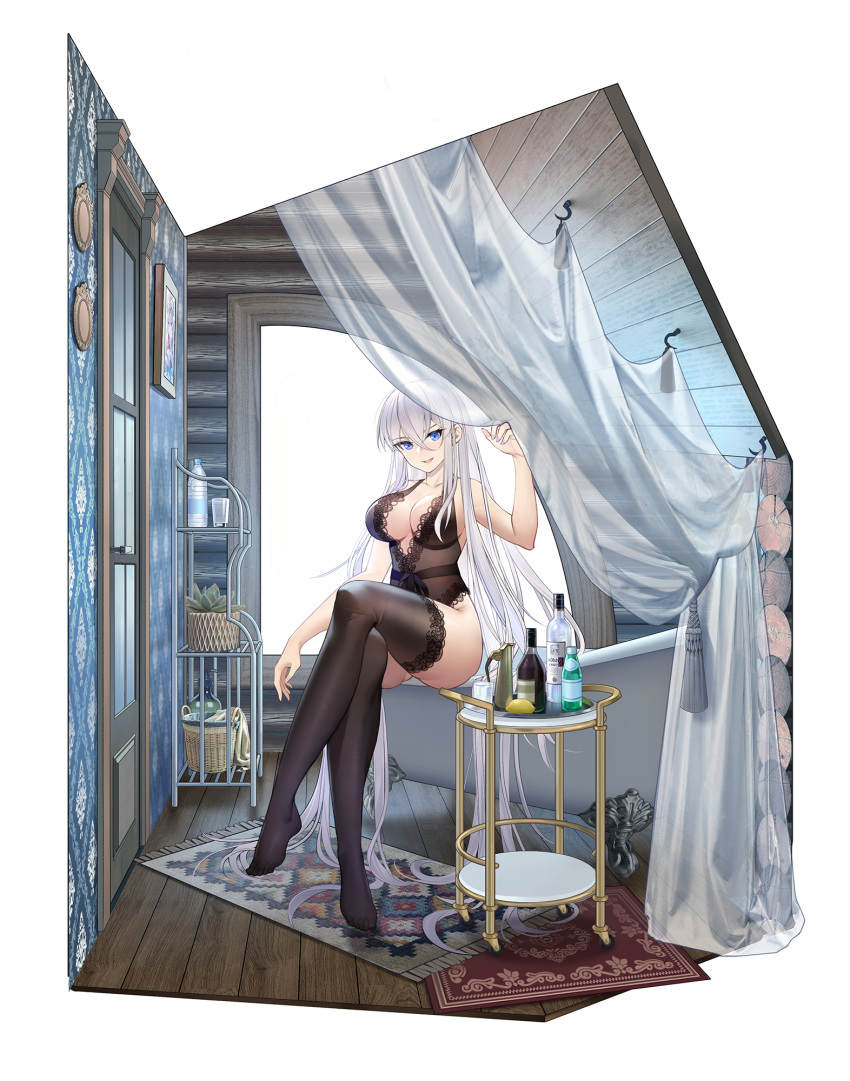 1girl absurdly_long_hair alcohol bare_shoulders bathroom blue_eyes bottle breasts brown_camisole brown_thighhighs camisole casket center_opening collarbone crossed_bangs crossed_legs curtains food fruit glass hair_between_eyes hair_over_shoulder highres lace-trimmed_camisole lace-trimmed_thighhighs lace_trim large_breasts lemon light_blush light_rays long_hair no_shoes open_mouth original picture_frame plant potted_plant purple_nails raised_eyebrow red_carpet shadow sidelocks sitting smile sunbeam sunlight tassel thighhighs towel tsurime very_long_hair wallpaper_(object) white_hair wide_shot window wooden_floor wooden_wall yaxiya