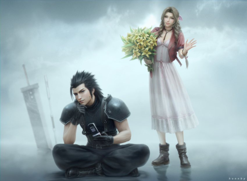 1boy 1girl absurdres aerith_gainsborough armor baggy_pants bangle black_gloves black_hair blue_eyes boots bouquet bracelet braid braided_ponytail breasts brown_hair buster_sword cellphone choker cloud cloudy_sky commentary cross_scar dress drill_hair drill_sidelocks english_commentary final_fantasy final_fantasy_vii final_fantasy_vii_rebirth final_fantasy_vii_remake flip_phone flower full_body gloves green_eyes hair_ribbon hair_slicked_back highres holding holding_bouquet holding_phone honeybunny-art indian_style jacket jewelry long_hair looking_at_viewer open_clothes open_jacket pants parted_bangs parted_lips phone pink_dress pink_ribbon planted planted_sword red_jacket ribbon scar scar_on_cheek scar_on_face short_sleeves shoulder_armor sidelocks sitting sky sleeveless sleeveless_turtleneck small_breasts smile spiked_hair staff standing sweater sword turtleneck turtleneck_sweater waving weapon yellow_flower zack_fair
