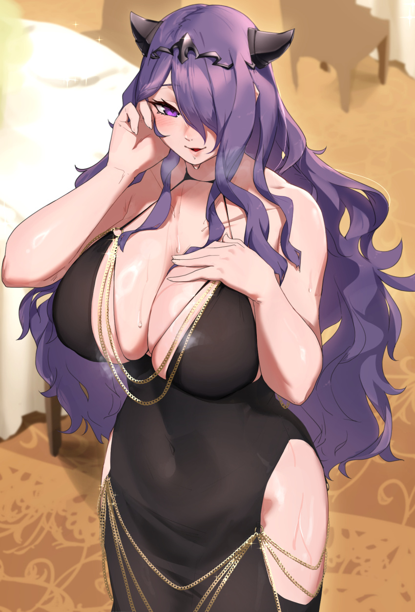 1girl alternate_costume bare_shoulders black_dress black_horns breasts camilla_(fire_emblem) cleavage clothing_cutout commentary_request dress fake_horns fire_emblem fire_emblem_fates hair_ornament hair_over_one_eye highres horns huge_breasts indoors long_hair looking_at_viewer meme_attire modakawa_dress monoi_daru one_eye_covered purple_eyes purple_hair sleeveless sleeveless_dress smile solo very_long_hair wavy_hair