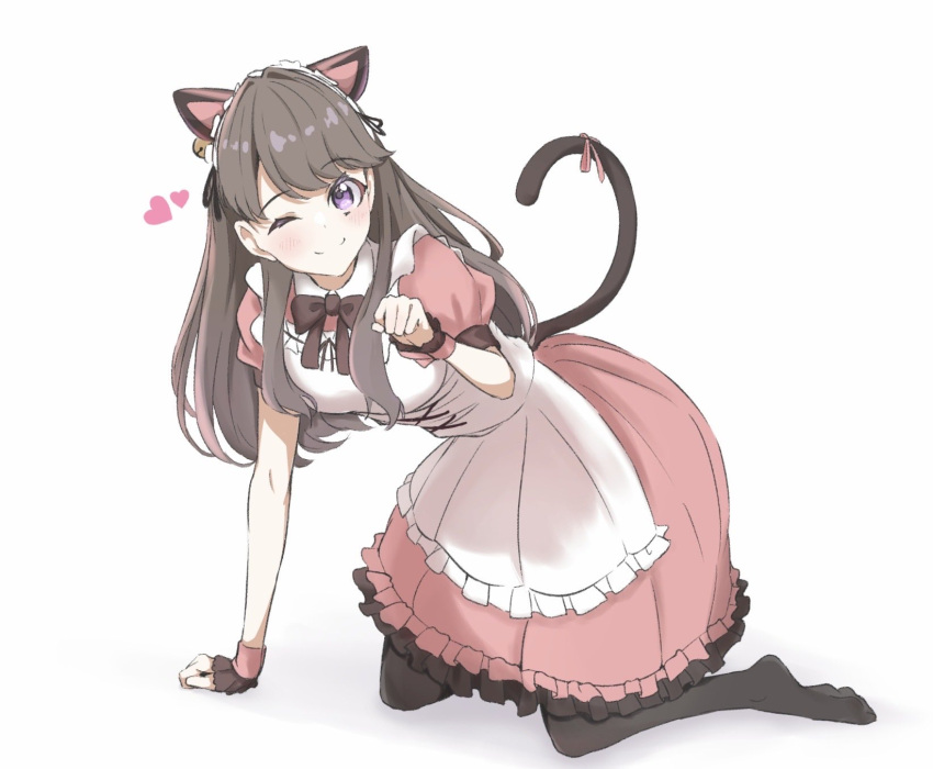 1girl ;) animal_ears apron bell black_pantyhose blush brown_hair cat_ears cat_tail clenched_hands closed_mouth commentary dress ear_bell fake_animal_ears fake_tail frilled_apron frilled_cuffs frilled_dress frills fujishima_megumi hand_on_floor heart highres kneeling link!_like!_love_live! long_hair looking_at_viewer love_live! m's_one_day_(love_live!) maid maid_apron maid_headdress medium_dress no_shoes official_alternate_costume one_eye_closed pantyhose paw_pose pink_dress pink_wrist_cuffs puffy_short_sleeves puffy_sleeves purple_eyes shadow short_sleeves simple_background smile solo split_mouth tail tomoe_(tomoe_200) virtual_youtuber white_apron white_background white_headdress wrist_cuffs
