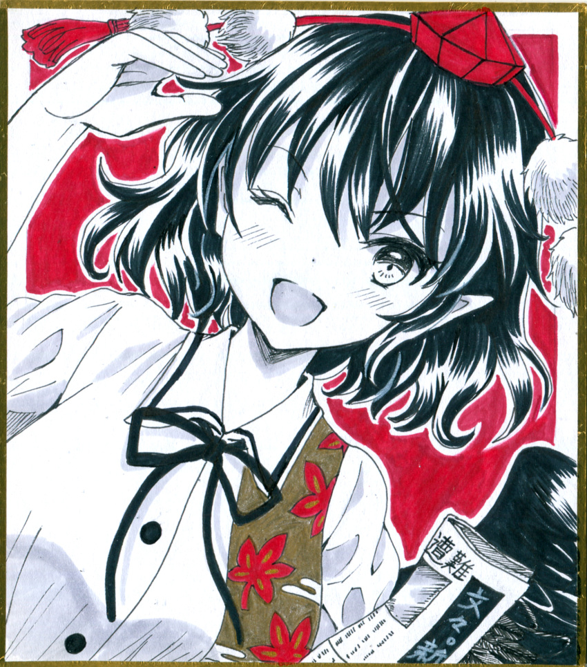1girl black_hair black_ribbon black_wings border breasts collared_shirt commentary_request feathered_wings hajike_akira hat highres leaf_print limited_palette medium_breasts neck_ribbon newspaper one_eye_closed pointy_ears pom_pom_(clothes) puffy_short_sleeves puffy_sleeves red_background red_hat ribbon salute shameimaru_aya shirt short_hair short_sleeves solo tassel tokin_hat touhou traditional_media white_border wings