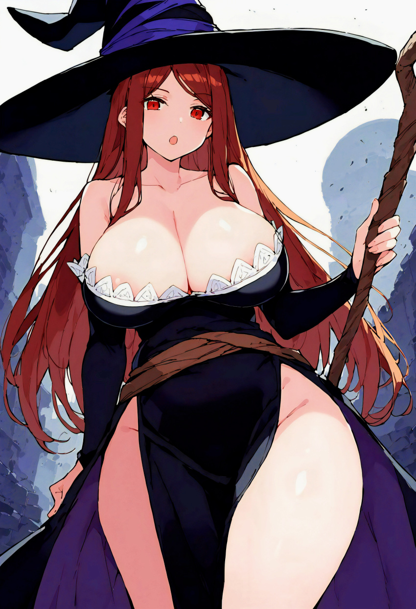 1girl absurdres ai-generated art bare_shoulders breasts brown_hair cleavage collarbone dragon's_crown dress elbow_gloves gloves hat highres huge_breasts long_hair non-web_source open_mouth red_eyes solo sorceress_(dragon's_crown) staff thighs very_long_hair witch witch_hat