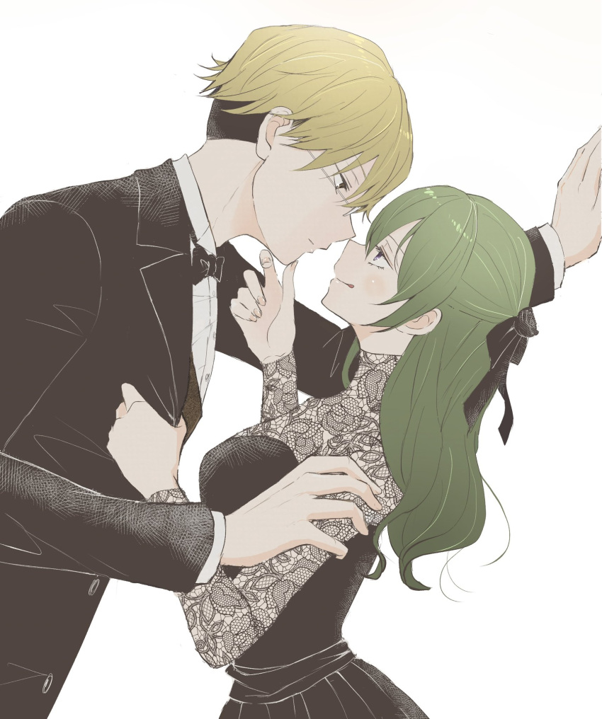 1boy 1girl alternate_costume alternate_hairstyle black_bow black_bowtie black_suit blonde_hair bow bowtie formal from_side glasses green_hair hana_(hanauta1110) hand_on_another's_chin hand_on_wall hand_up highres lace_dress land_(sousou_no_frieren) licking_lips long_sleeves muted_color noses_touching profile shirt short_hair smile sousou_no_frieren suit tongue tongue_out traditional_bowtie ubel_(sousou_no_frieren) upper_body white_shirt