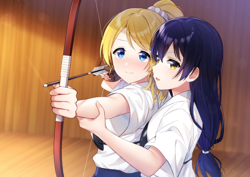 2girls archery archery_dojo arrow_(projectile) ayase_eli bangs blonde_hair blue_eyes blue_hair blush bow_(weapon) commentary_request drawing_bow gloves highres holding holding_arrow holding_bow_(weapon) holding_weapon kyuudou long_hair love_live! love_live!_school_idol_project low_ponytail multiple_girls muneate nanatsu_no_umi partially_fingerless_gloves single_glove sonoda_umi weapon