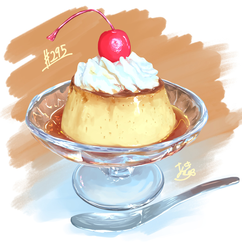 absurdres artist_name cherry food food_focus fruit highres no_humans original pudding spoon takisou_sou whipped_cream