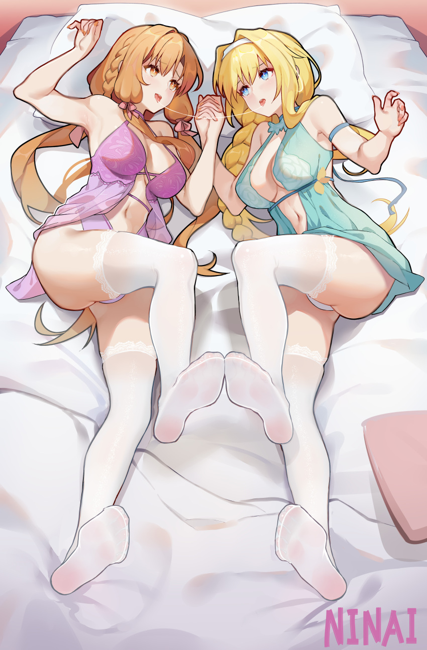2girls absurdres alice_zuberg armpits arms_up asuna_(sao) bare_arms bare_shoulders bed blonde_hair blue_eyes bra braid braided_ponytail breasts brown_eyes brown_hair clothing_cutout feet full_body highres holding_hands lace lace-trimmed_legwear lace_trim lingerie long_hair looking_at_another multiple_girls navel ninai no_shoes open_mouth panties pillow purple_panties revealing_clothes saliva saliva_trail soles sword_art_online sword_art_online:_alicization sword_art_online:_alicization_-_war_of_underworld thighhighs toes tongue tongue_out underwear white_panties white_thighhighs yuri