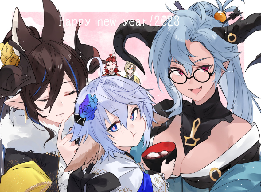 2023 2boys 3boys :t alternate_costume alternate_hairstyle animal_ears bangs black_kimono blue_eyes blue_hair bowl breasts brown_hair cleavage closed_eyes closed_mouth dark-skinned_female dark_skin eating fediel_(granblue_fantasy) fur-trimmed_kimono fur_trim galleon_(granblue_fantasy) granblue_fantasy hair_ornament hairpin happy_new_year highres holding holding_bowl horns japanese_clothes kimono long_hair lu_woh_(granblue_fantasy) medium_breasts multiple_boys off_shoulder official_alternate_costume open_mouth parted_bangs pointy_ears ponytail red_eyes short_hair smile upper_body wamdus_(granblue_fantasy) white_kimono wilnas_(granblue_fantasy) yakota_(usuk-yako) zouni_soup