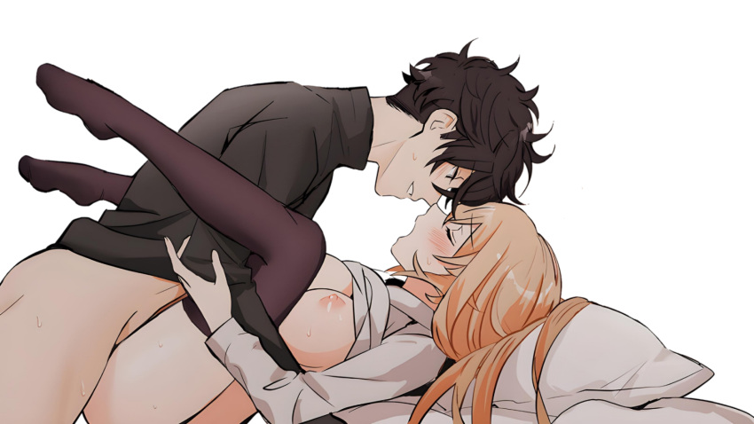 1boy 1girl ass bar_censor black_hair black_pants black_shirt blonde_hair blush boots bottomless breasts brother_and_sister brown_footwear censored closed_eyes commentary_request doromame grin happy happy_sex highres holding hood hood_down hoodie incest large_breasts legs_up nakiri_asahi nakiri_erina nipples no_shoes non-web_source open_mouth oral pants pussy scabbard sex shaved_crotch sheath sheathed shirt shokugeki_no_souma siblings smile sword thighhighs tongue weapon