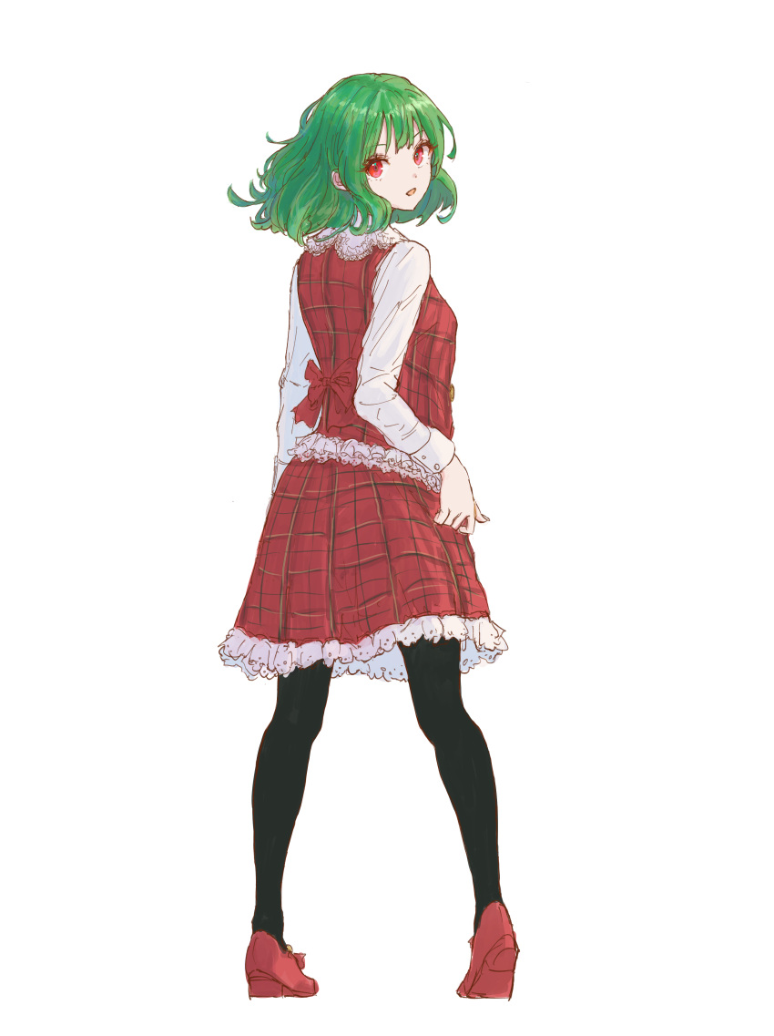 1girl absurdres adapted_costume back_bow black_pantyhose bow breasts buttoned_cuffs buttons frills from_behind full_body green_hair heel_up highres kashiwada_kiiho kazami_yuuka legs_apart long_sleeves looking_at_viewer looking_back medium_hair open_mouth pantyhose plaid plaid_skirt plaid_vest red_bow red_eyes red_footwear red_skirt red_vest shirt shoes simple_background skirt small_breasts solo standing touhou vest white_background white_shirt