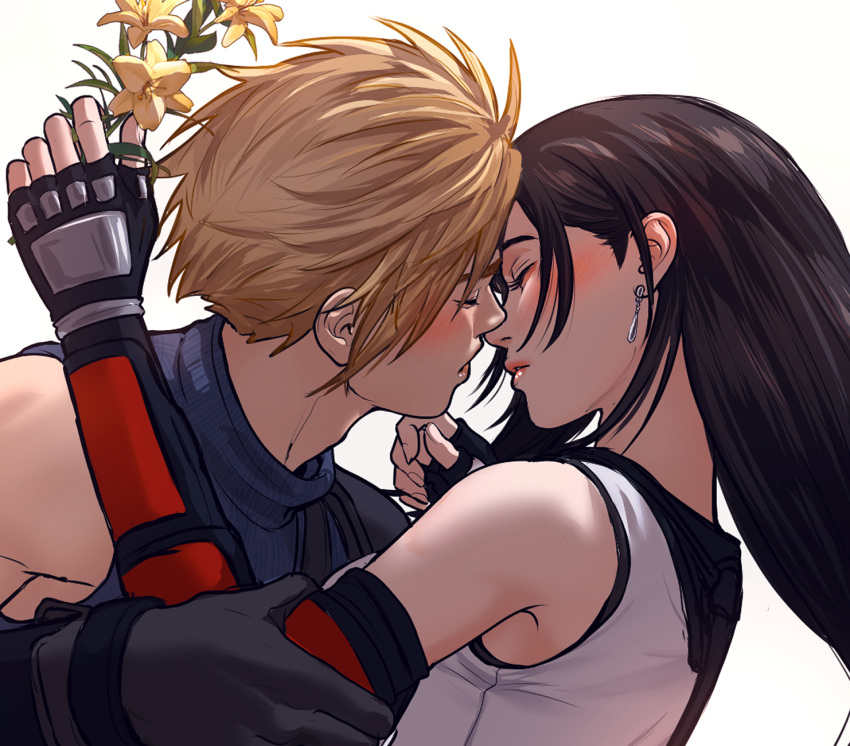 1boy 1girl armor bare_shoulders black_gloves black_hair black_sports_bra blonde_hair blue_sweater blush close-up closed_eyes closed_mouth cloud_strife couple crop_top earrings english_commentary facing_another final_fantasy final_fantasy_vii final_fantasy_vii_rebirth final_fantasy_vii_remake fingerless_gloves flower from_side gloves hand_on_another's_chin highres holding holding_another's_arm holding_flower imminent_kiss jewelry long_hair nosleeparewe parted_lips profile short_hair shoulder_armor single_arm_guard single_bare_shoulder single_earring sleeveless sleeveless_turtleneck spiked_hair sports_bra suspenders sweater tank_top tifa_lockhart turtleneck turtleneck_sweater upper_body white_background white_tank_top yellow_flower