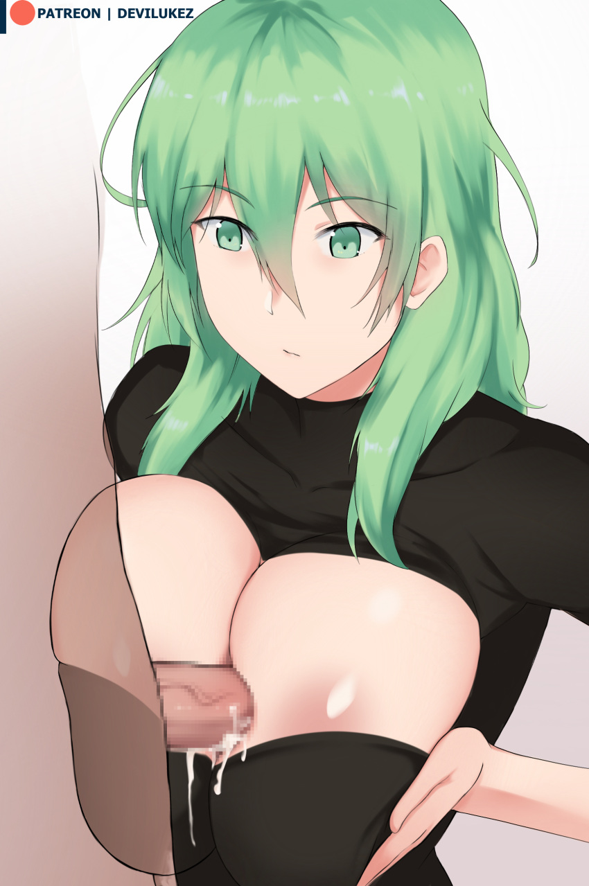 1boy 1girl absurdres breasts breasts_squeezed_together byleth_(female)_(fire_emblem) byleth_(fire_emblem) cleavage_cutout clothing_cutout cum devilukez ejaculation expressionless fire_emblem fire_emblem:_three_houses highres large_breasts paizuri perpendicular_paizuri sweater