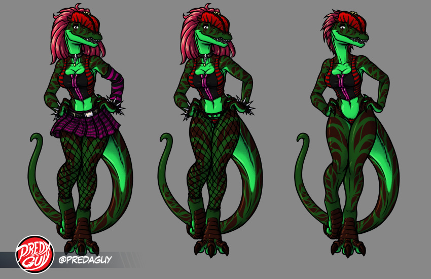 absurd_res alternative_fashion anthro anthrosaurs armband belt big_hair bottomwear breasts choker cleavage clothed clothing collar crest_(disambiguation) crest_piercing dilophosaurid dilophosaurus dinosaur facial_piercing fangs feather_hair feathers fishnet_clothing fishnet_leggings fishnet_legwear furgonomics furry-specific_piercing goth green_body hair head_crest hi_res ingrid_the_dilophosaur jewelry leggings legwear markings midriff multicolored_body necklace non-mammal_breasts nose_piercing outfit_reference pattern_clothing piercing pink_hair pleated_skirt predaguy pseudo_hair purple_clothing red_clothing redesign reptile scalie scuted_feet scuted_hands scutes shirt skirt sleeve spiked_armband spikes stockings striped_body striped_clothing striped_markings stripes studded_belt studded_collar studs tank_top tartan_skirt teeth theropod thong topwear two_tone_body underwear vest_top zipper_pull_tab zipper_topwear