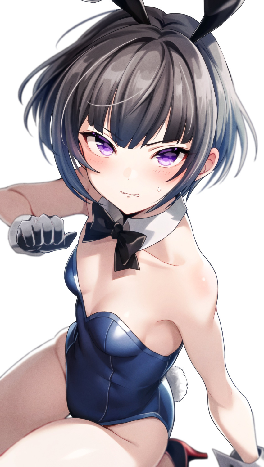 1girl absurdres animal_ears bare_shoulders black_bow black_bowtie black_gloves black_hair blue_leotard blush bow bowtie breasts clenched_hand commentary commentary_request cropped_legs fake_animal_ears gloves high_heels highres idolmaster idolmaster_cinderella_girls leotard looking_at_viewer playboy_bunny popon_ta purple_eyes rabbit_ears shirayuki_chiyo short_hair simple_background small_breasts solo sweat thighs v-shaped_eyebrows veins veiny_hands white_background white_wrist_cuffs wrist_cuffs