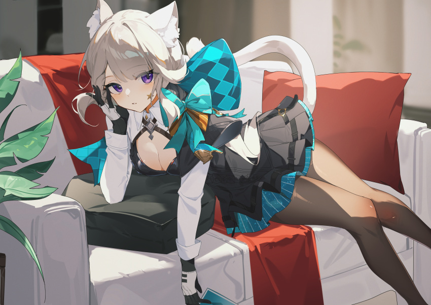 1girl absurdres animal_ear_fluff animal_ears aqua_bow aqua_skirt black_dress black_gloves bow breasts brown_pantyhose cat_ears cat_girl cat_tail cleavage cleavage_cutout clothing_cutout couch dress facial_mark feet_out_of_frame genshin_impact gloves grey_hair highres huge_bow indoors long_hair long_sleeves looking_at_viewer lynette_(genshin_impact) on_couch pantyhose parted_lips pillow purple_eyes skirt solo star_(symbol) star_facial_mark tail teketi two-tone_gloves very_long_hair white_gloves