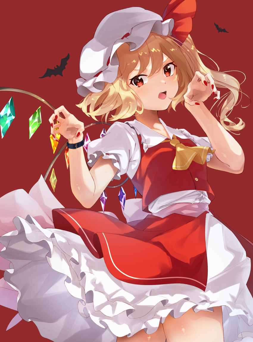 1girl absurdres back_bow bangs bat_(animal) bat_wings black_wrist_cuffs blonde_hair blurry blush bow breasts claw_pose collar crystal depth_of_field eyelashes fingernails flandre_scarlet frilled_collar frilled_skirt frilled_sleeves frills gao hair_between_eyes hands_up hat hat_bow highres long_fingernails looking_at_viewer medium_hair mob_cap multicolored_wings neckerchief open_mouth puffy_short_sleeves puffy_sleeves rainbow_order red_background red_bow red_eyes red_nails red_skirt ribbon-trimmed_headwear ribbon_trim serious short_sleeves side_ponytail simple_background skirt small_breasts solo tamiku_(shisyamo609) teeth touhou upper_teeth_only v-shaped_eyebrows white_bow white_collar white_headwear white_skirt wings wrist_cuffs yellow_neckerchief