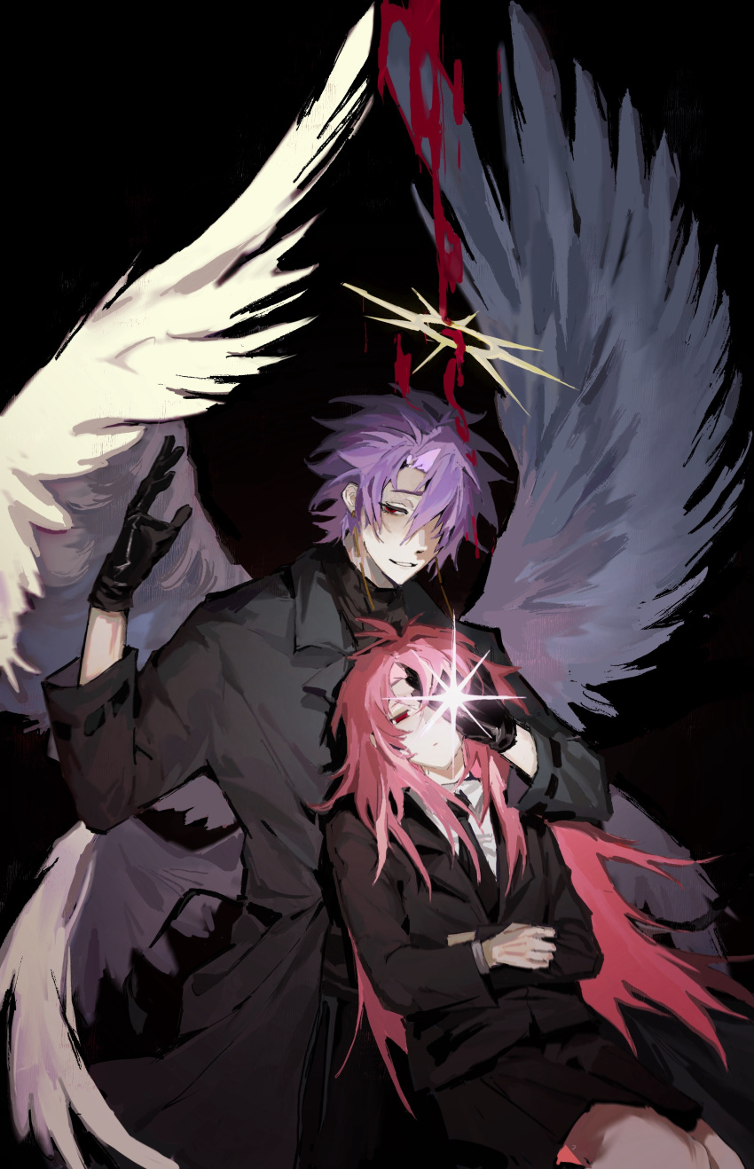 2boys absurdres angel_wings black_gloves black_jacket black_necktie black_shorts black_sweater blood closed_mouth coat collared_shirt covering_another's_eye earrings expressionless gloves grey_coat hair_over_one_eye halo hand_up hatsutori_hajime highres jacket jewelry lajiren247 long_hair long_sleeves multiple_boys multiple_wings necktie open_clothes open_coat pink_hair purple_hair red_eyes saibou_shinkyoku shirt short_hair shorts spiked_halo sweater theodore_riddle turtleneck turtleneck_sweater white_shirt white_wings wings