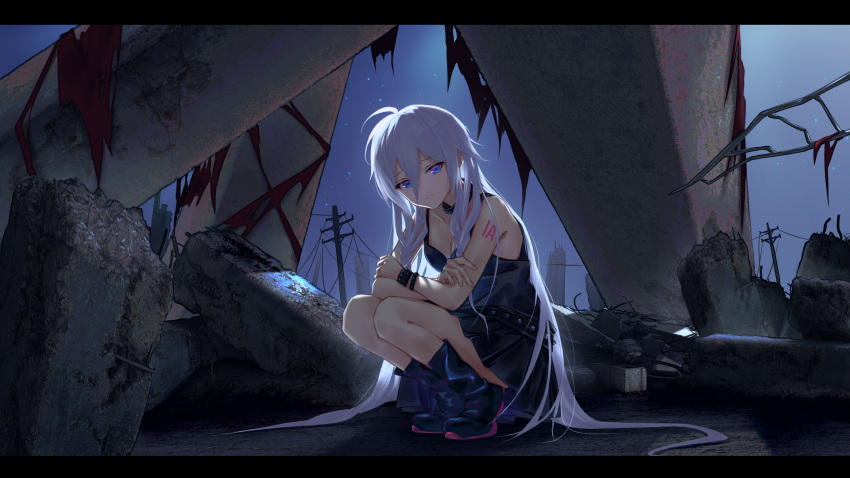 1girl ahoge backlighting bangs belt blue_eyes boots bracelet braid breasts cleavage collar commission crossed_arms dress frown highres ia_(vocaloid) jewelry long_bangs long_hair looking_at_viewer maboroshi_hane night night_sky outdoors pixiv_commission ruins sky sleeveless sleeveless_dress small_breasts solo spiked_bracelet spikes squatting star_(sky) starry_sky studded_belt studded_bracelet twin_braids utility_pole very_long_hair vocaloid white_hair