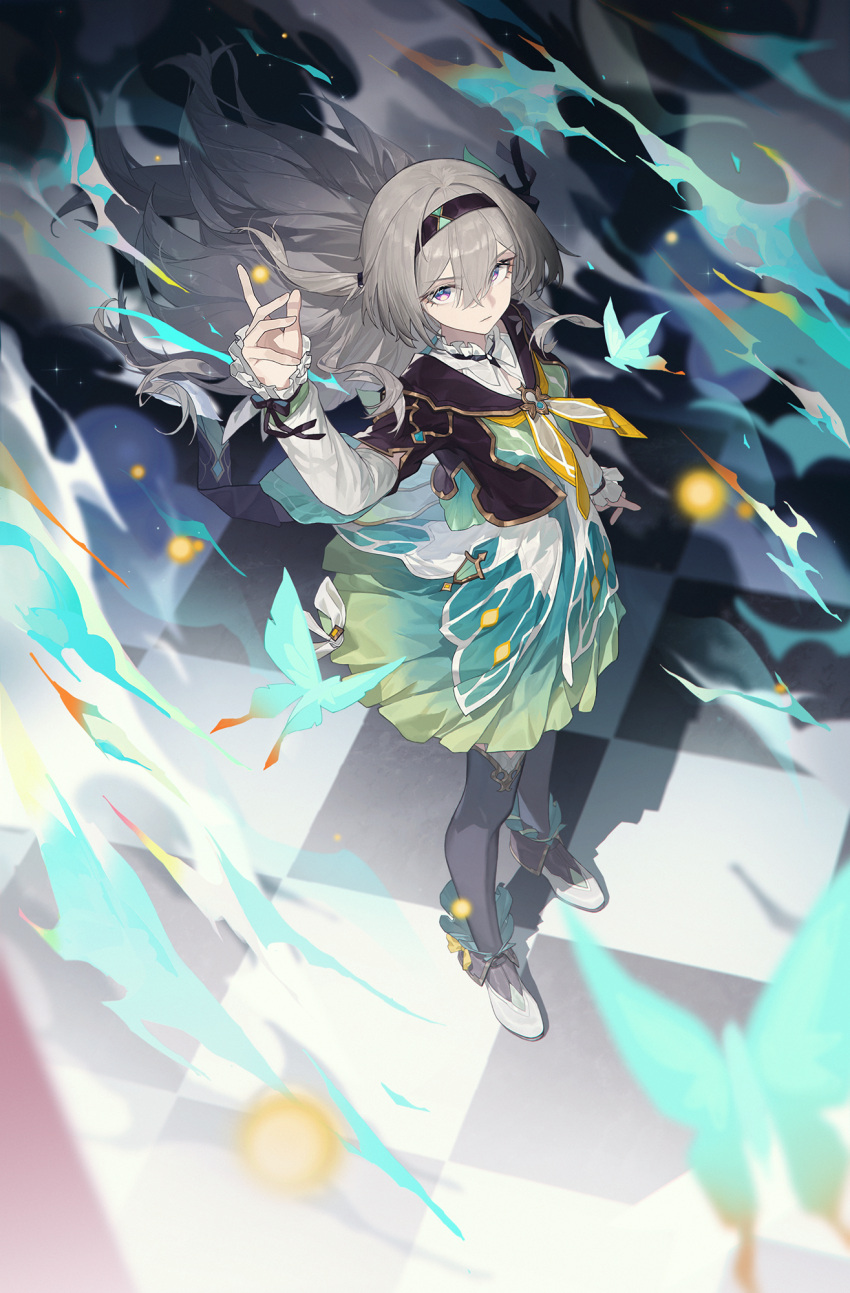1girl aqua_skirt arm_up black_hairband black_jacket black_thighhighs checkered_floor closed_mouth cropped_jacket fire firefly_(honkai:_star_rail) floating_hair from_above full_body grey_hair hair_between_eyes hair_intakes hairband hand_up highres honkai:_star_rail honkai_(series) jacket lettereast looking_at_viewer looking_up neckerchief orange_neckerchief shadow shirt skirt solo thighhighs two-tone_eyes white_footwear white_shirt yellow_neckerchief