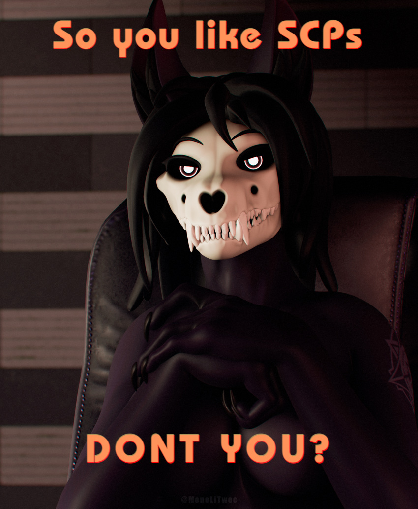 anthro black_body black_hair black_sclera bone clasped_hands female female/female glowing glowing_eyes hair hi_res looking_at_viewer mal0 monolitwec narrowed_eyes scp-1471 scp-1471-a scp_foundation skull skull_head solo text white_eyes