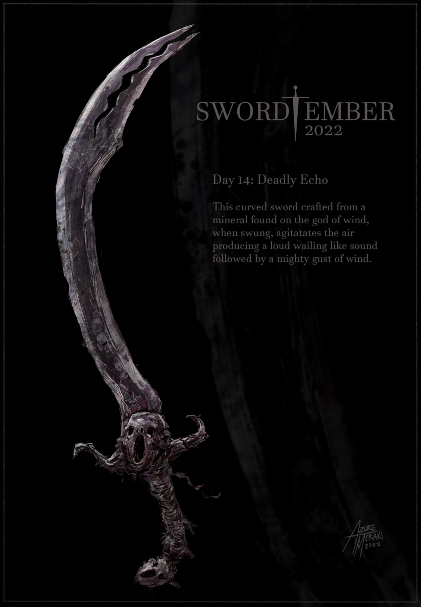 azure_meraki dated english_commentary english_text highres horror_(theme) no_humans original ornate_weapon signature sword weapon weapon_focus