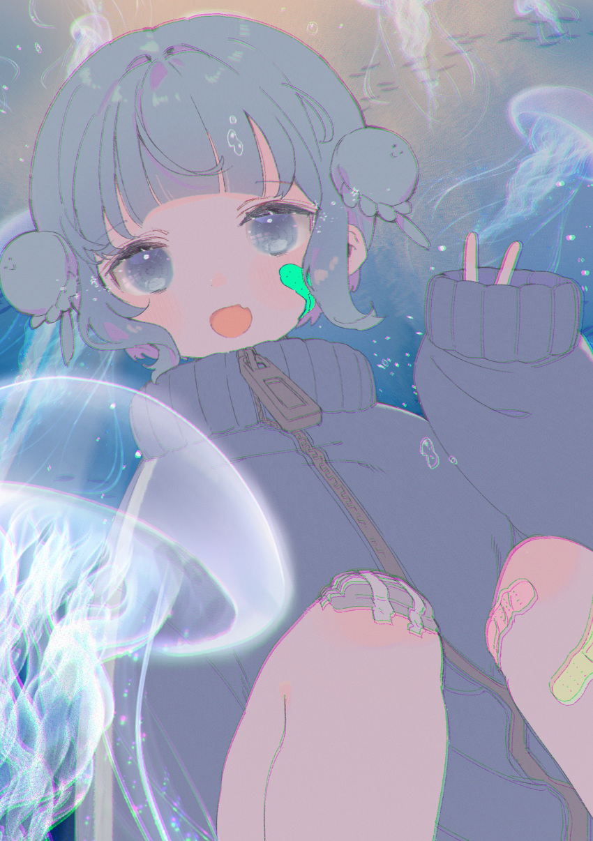 absurdres bandages bandaid bandaid_on_face bandaid_on_leg blue_eyes blue_hair fang highres indie_virtual_youtuber jacket jellyfish long_sleeves mitsuki_neu short_hair sitting skin_fang sweater tendosora track_jacket track_suit underwater v virtual_youtuber wotoha_(character) zipper zipper_pull_tab