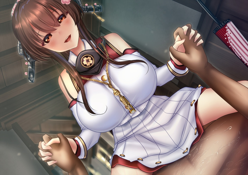 1boy 1girl breasts brown_eyes brown_hair cherry_blossoms clothed_female_nude_male clothing_cutout collar flower girl_on_top hair_between_eyes hair_flower hair_intakes hair_ornament headgear holding_hands huge_breasts indoors kantai_collection long_hair long_sleeves looking_at_viewer metal_collar nude oil-paper_umbrella pleated_skirt ponytail red_umbrella sakuramon shoulder_cutout shounen_(hogehoge) sidelocks skirt solo_focus straddling umbrella very_long_hair white_skirt white_umbrella yamato_(kancolle) yamato_kai_ni_(kancolle)