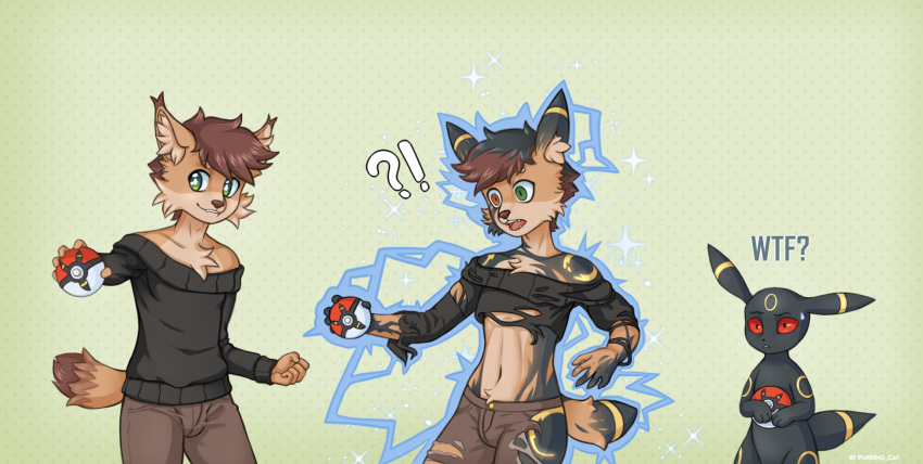 anthro eeveelution felid feline feral generation_2_pokemon hi_res male mammal nintendo pokemon pokemon_(species) purring_cat solo transformation umbreon