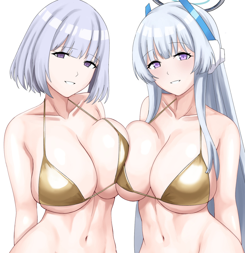 2girls arms_behind_back asymmetrical_docking bikini blue_archive breast_press breasts cleavage collarbone cyka girls'_frontline gold_bikini grey_hair grin hair_ornament halo highres large_breasts linea_alba long_hair looking_at_viewer mechanical_halo multiple_girls navel noa_(blue_archive) open_mouth purple_eyes rpk-16_(girls'_frontline) short_hair simple_background smile swimsuit symmetrical_docking trait_connection upper_body very_long_hair white_background white_hair yellow_bikini