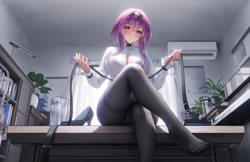 1girl air_conditioner alternate_breast_size artist_name belt black_belt black_pantyhose blush bra breasts cleavage collared_shirt commentary_request crossed_legs curtains day eyewear_on_head foot_out_of_frame from_below glass hair_between_eyes hair_intakes highres holding holding_belt honkai:_star_rail honkai_(series) indoors instrument kafka_(honkai:_star_rail) large_breasts liht lingerie long_hair looking_at_viewer no_pants no_shoes office on_table pantyhose piano pink_bra purple_eyes purple_hair round_eyewear see-through see-through_shirt shirt sidelocks sitting sitting_on_table smile solo sunglasses sunlight table toes underwear unworn_footwear white_shirt