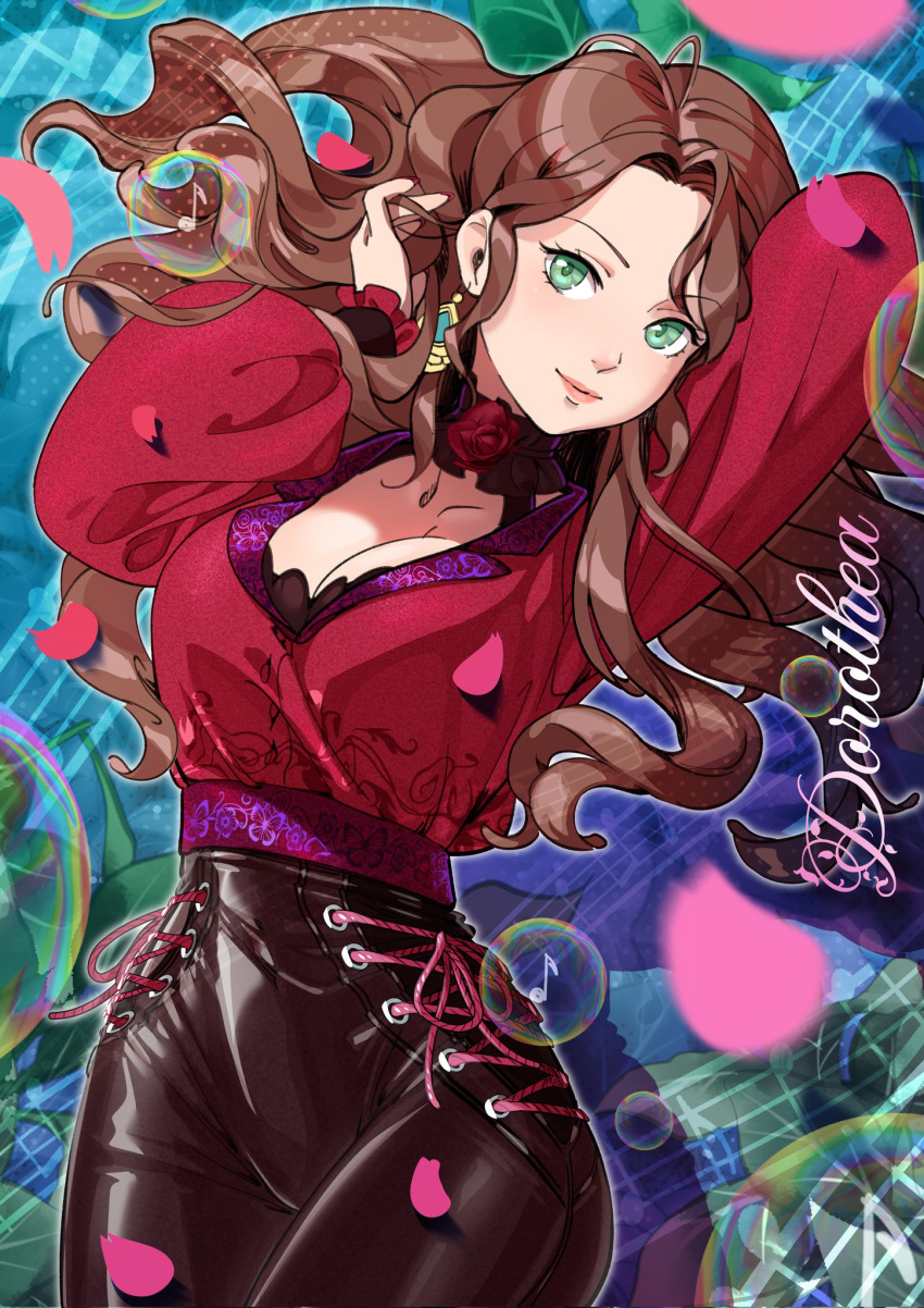 1girl black_pants breasts brown_hair bubble character_name cleavage closed_mouth collarbone cowboy_shot dorothea_arnault earrings fire_emblem fire_emblem:_three_houses floating_hair floof_n_wool green_eyes hair_intakes highres jewelry large_breasts long_hair long_sleeves looking_at_viewer musical_note pants petals red_shirt shiny_hair shirt smile solo standing