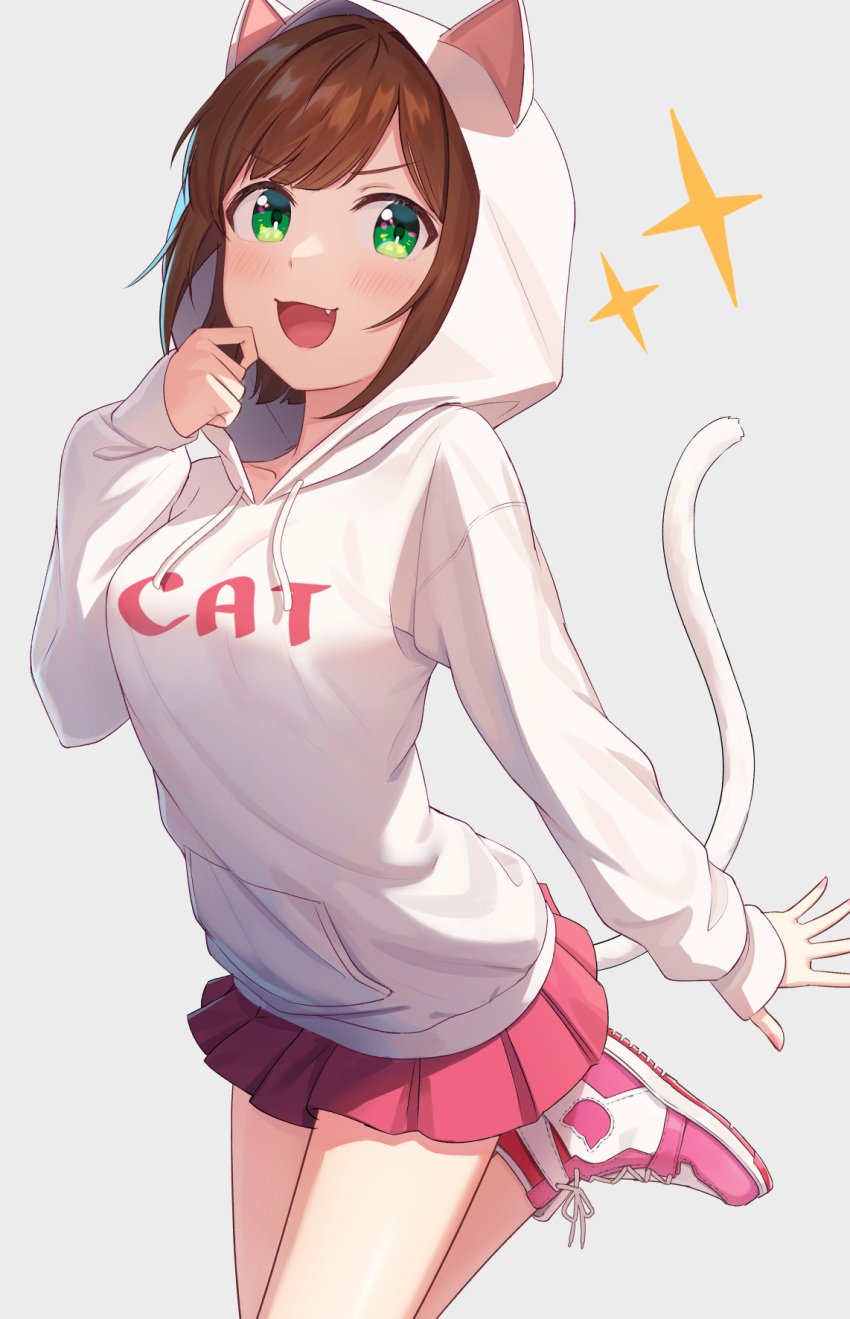 1girl :d animal_ears animal_hood bangs blush brown_hair cat_ears cat_hood cat_tail collarbone fake_animal_ears fang green_eyes grey_background highres hood hood_up hooded_sweater idolmaster idolmaster_cinderella_girls kurageso long_sleeves maekawa_miku miniskirt pink_footwear pink_skirt pleated_skirt print_sweater shiny_hair shoes short_hair simple_background skirt sleeves_past_wrists smile sneakers solo sweater tail white_sweater