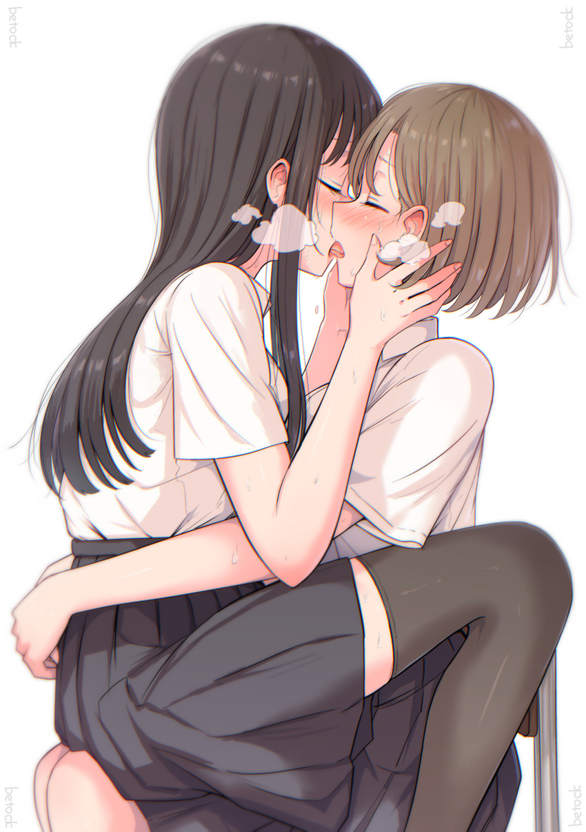 2girls absurdres arms_around_waist artist_name betock black_hair black_skirt black_thighhighs blush breath brown_hair closed_eyes commentary_request french_kiss hands_on_another's_face highres kiss long_hair monochrome multiple_girls original pleated_skirt school_uniform shirt short_hair short_sleeves sidelocks simple_background sitting sitting_on_lap sitting_on_person skirt sweat thighhighs white_background white_shirt yuri